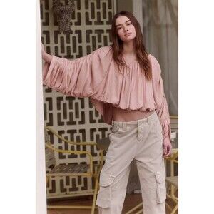 Free People Free-est Cloudy Days Blouse Top Ruched Billowy Boat Neck L 283491
